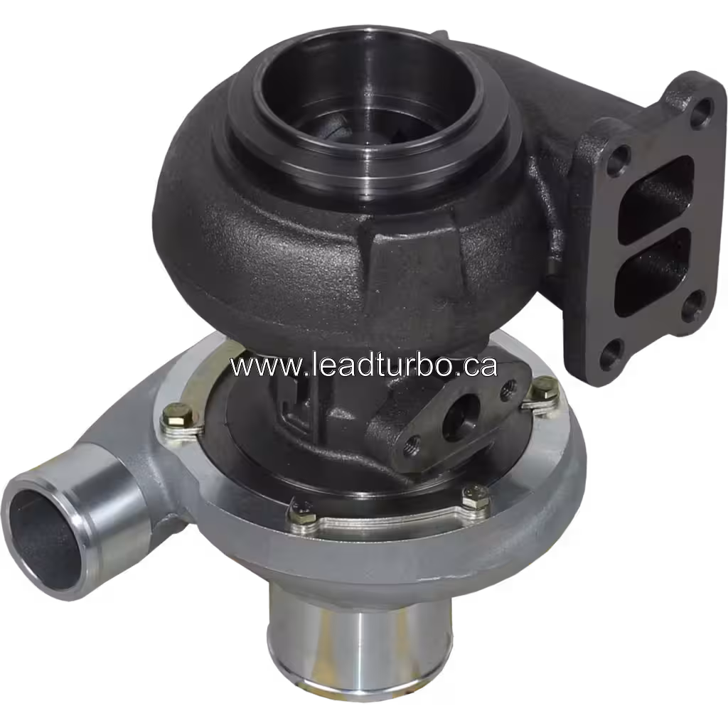 Bottom view of S2ESL094 turbocharger showing turbine housing flange and mounting bolts