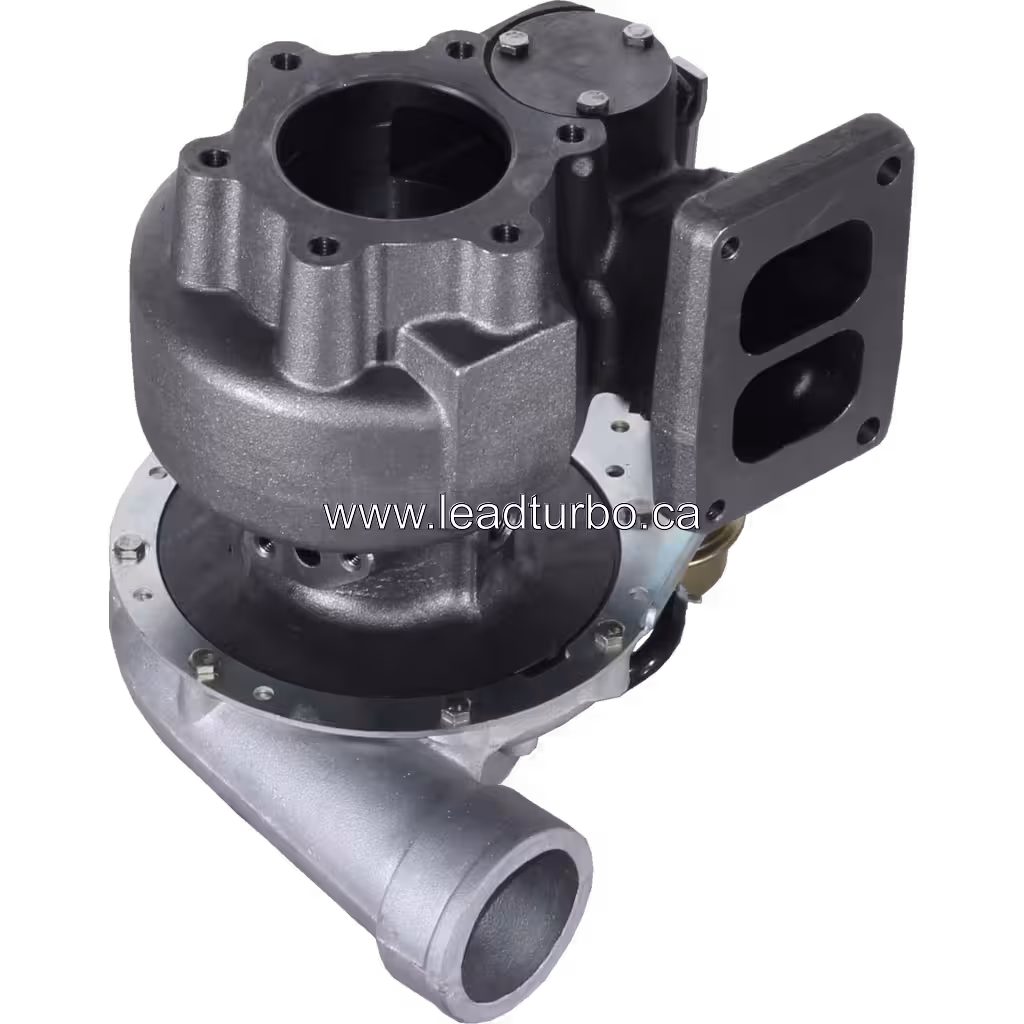 WH2D turbocharger bottom view with silver compressor housing and dark turbine housing