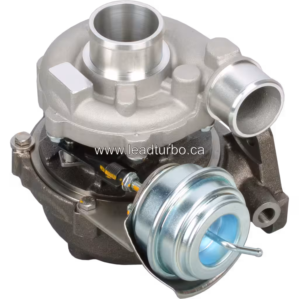 Top 45-degree view of GTB1649V turbocharger with actuator arm