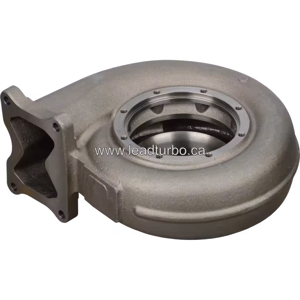 Side view of cast metal turbine housing with machined central opening