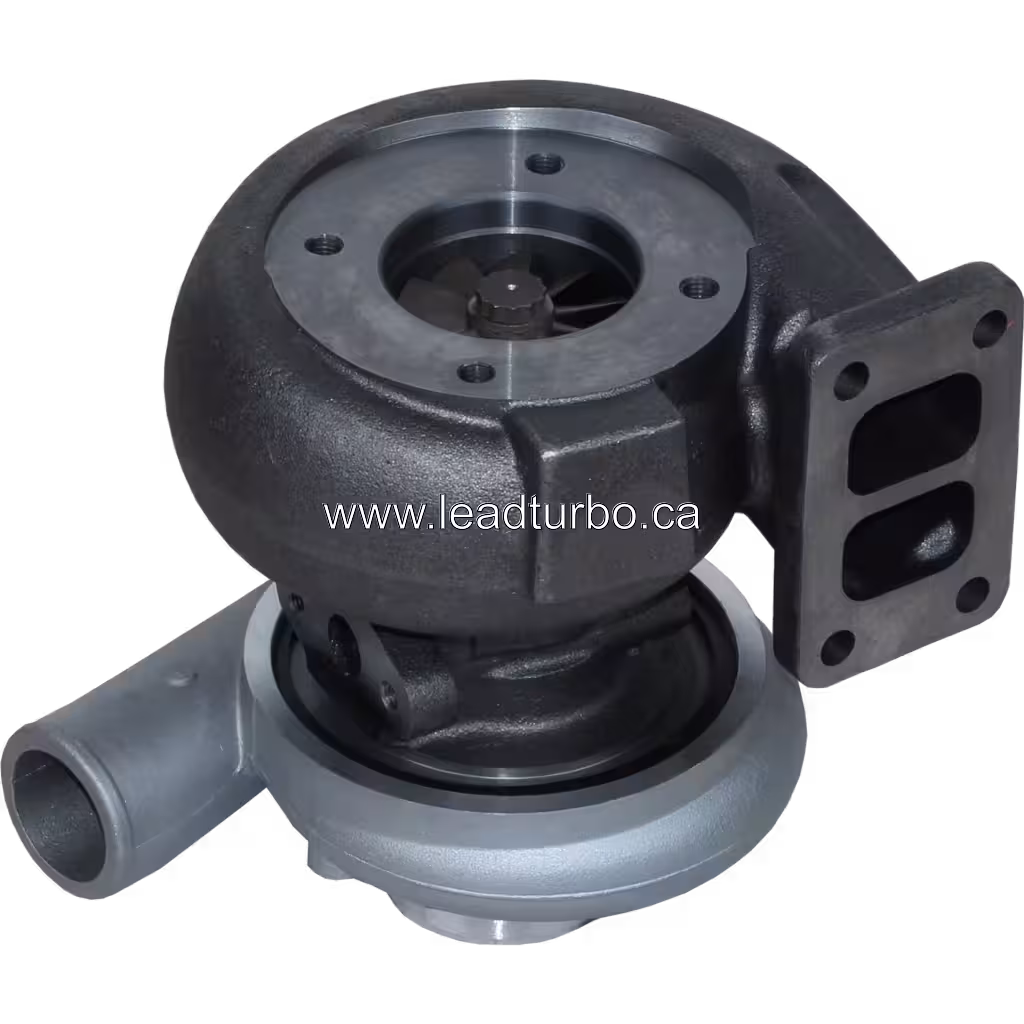 Bottom 45-degree view of 312320 S2B turbocharger showing turbine wheel and mounting flange