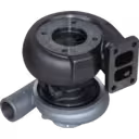 Bottom 45-degree view of 312320 S2B turbocharger showing turbine wheel and mounting flange