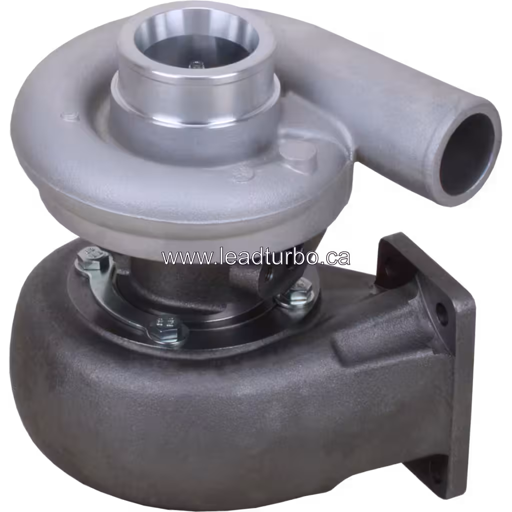 Top 45-degree view of 312320 turbocharger with light grey compressor housing and dark turbine housing