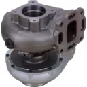 3590060 H2D turbocharger bottom view with rectangular turbine flange and oil drain plug