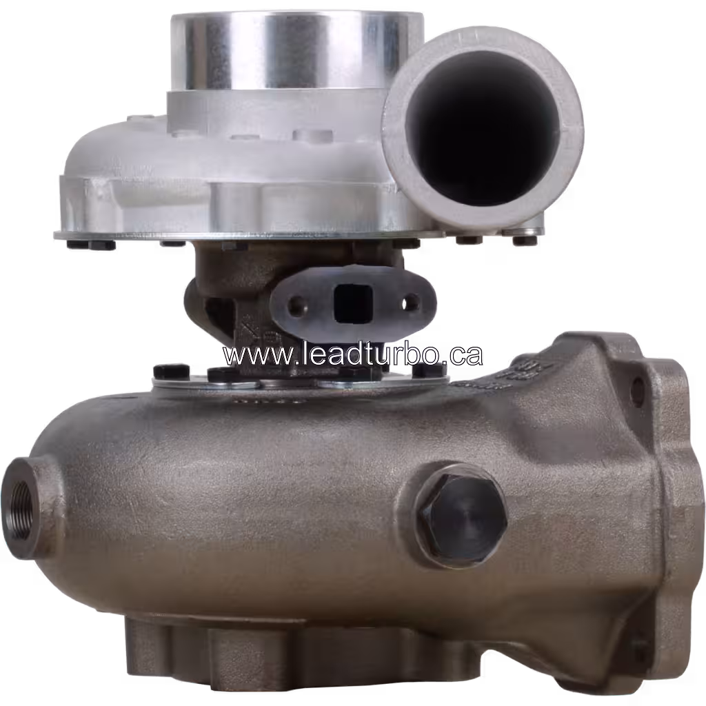 3590060 H2D turbocharger front view with silver compressor housing and dark grey turbine housing