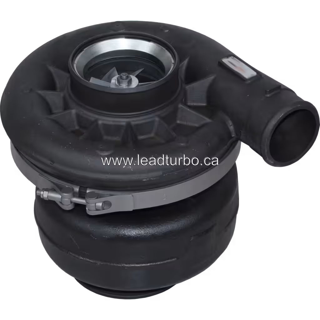 HX82 turbocharger top view with silver compressor wheel and clamp band