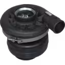 HX82 turbocharger top view with silver compressor wheel and clamp band