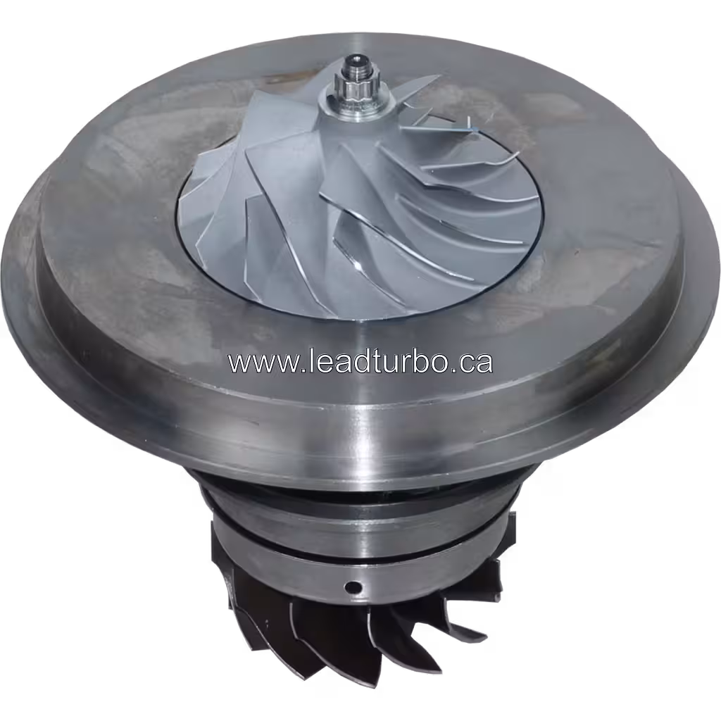 HX55 turbocharger core assembly top view showing turbine wheel