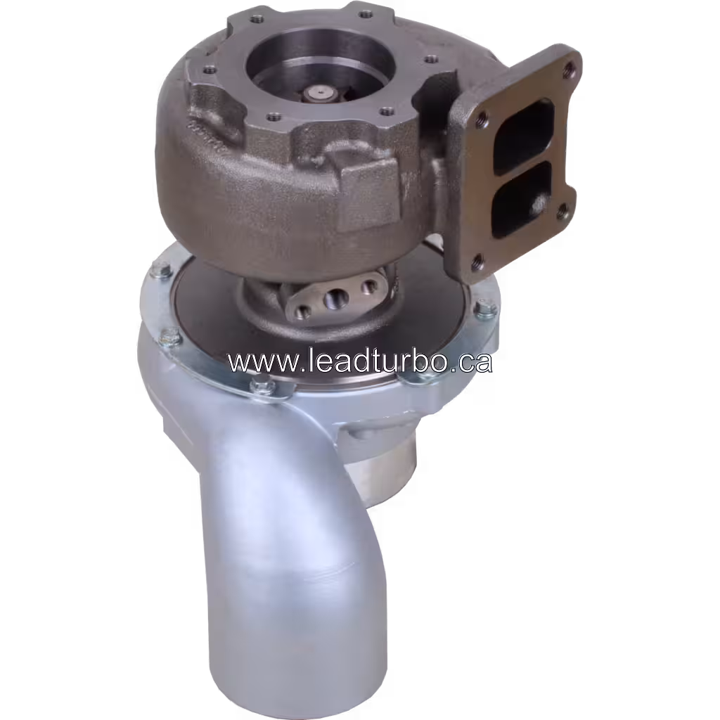 Bottom view of HX50 turbocharger for Renault DC11 420HP showing mounting bolts and central bearing housing