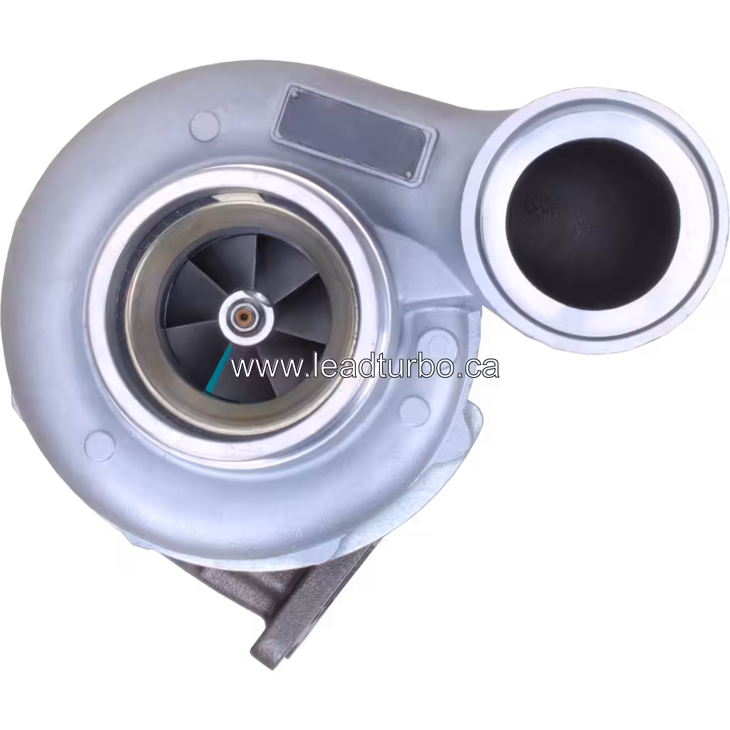 4033192 HX50 turbocharger front view showing silver compressor housing and dark grey turbine housing