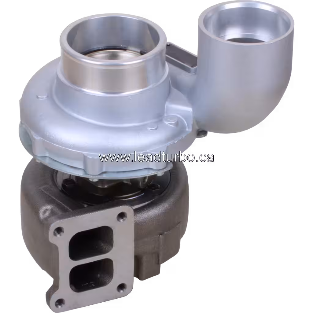 Top view of 4033192 turbocharger assembly with two-port exhaust flange and curved compressor outlet