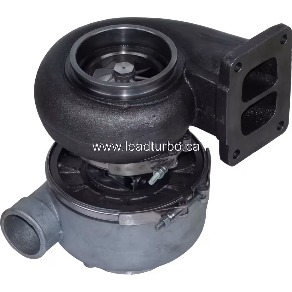 Bottom view of 406130-5 turbocharger revealing turbine wheel blades inside housing
