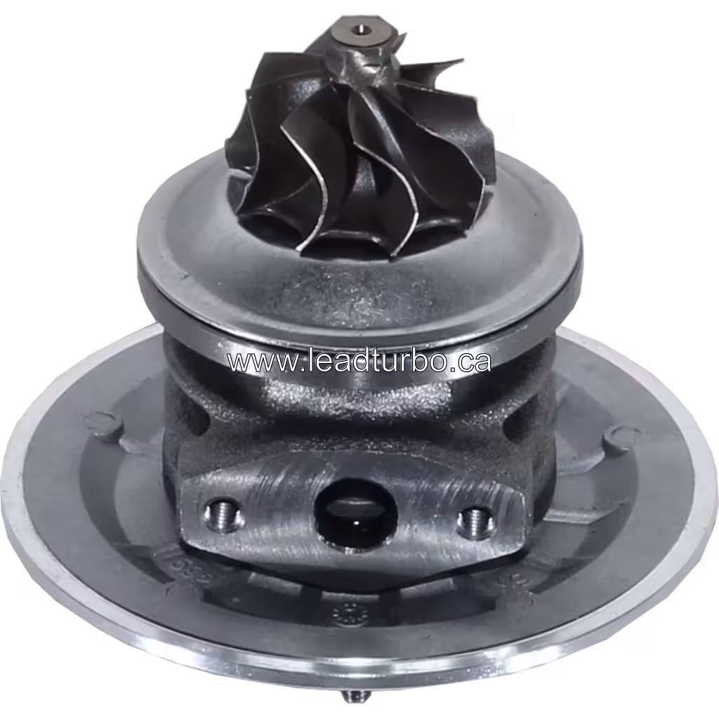 Bottom 45-degree view of 433289-0143 GT1549 core with polished mounting flanges
