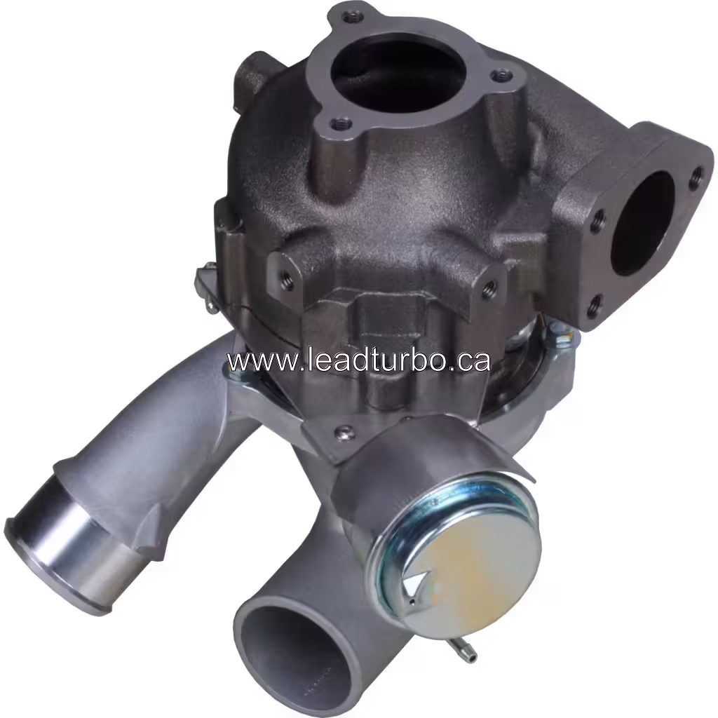 53039880145 BV43 turbocharger bottom view with dark grey turbine housing and visible fasteners