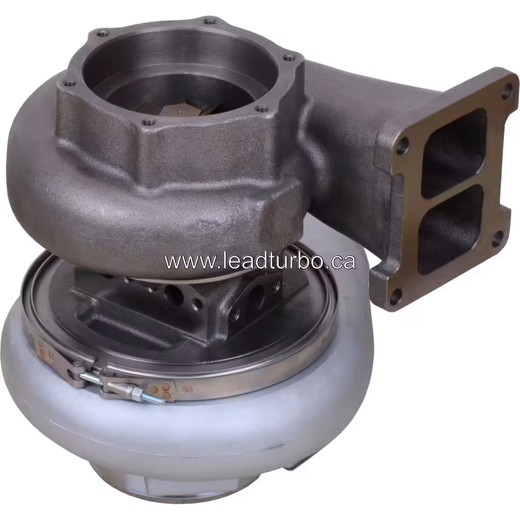 Bottom view of KTR130-33BAW turbocharger showing turbine housing flange and compressor clamp band
