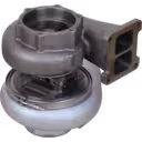 Bottom view of KTR130-33BAW turbocharger showing turbine housing flange and compressor clamp band