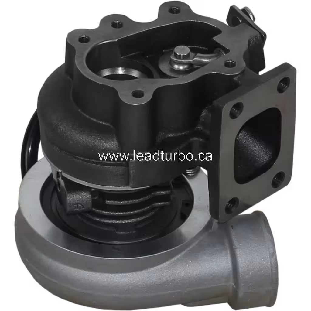 704090-0001 turbocharger bottom view with square exhaust flange and mounting bracket