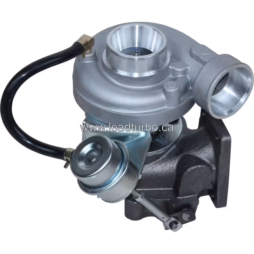 TB0299 turbocharger top view showing integrated actuator and black hose