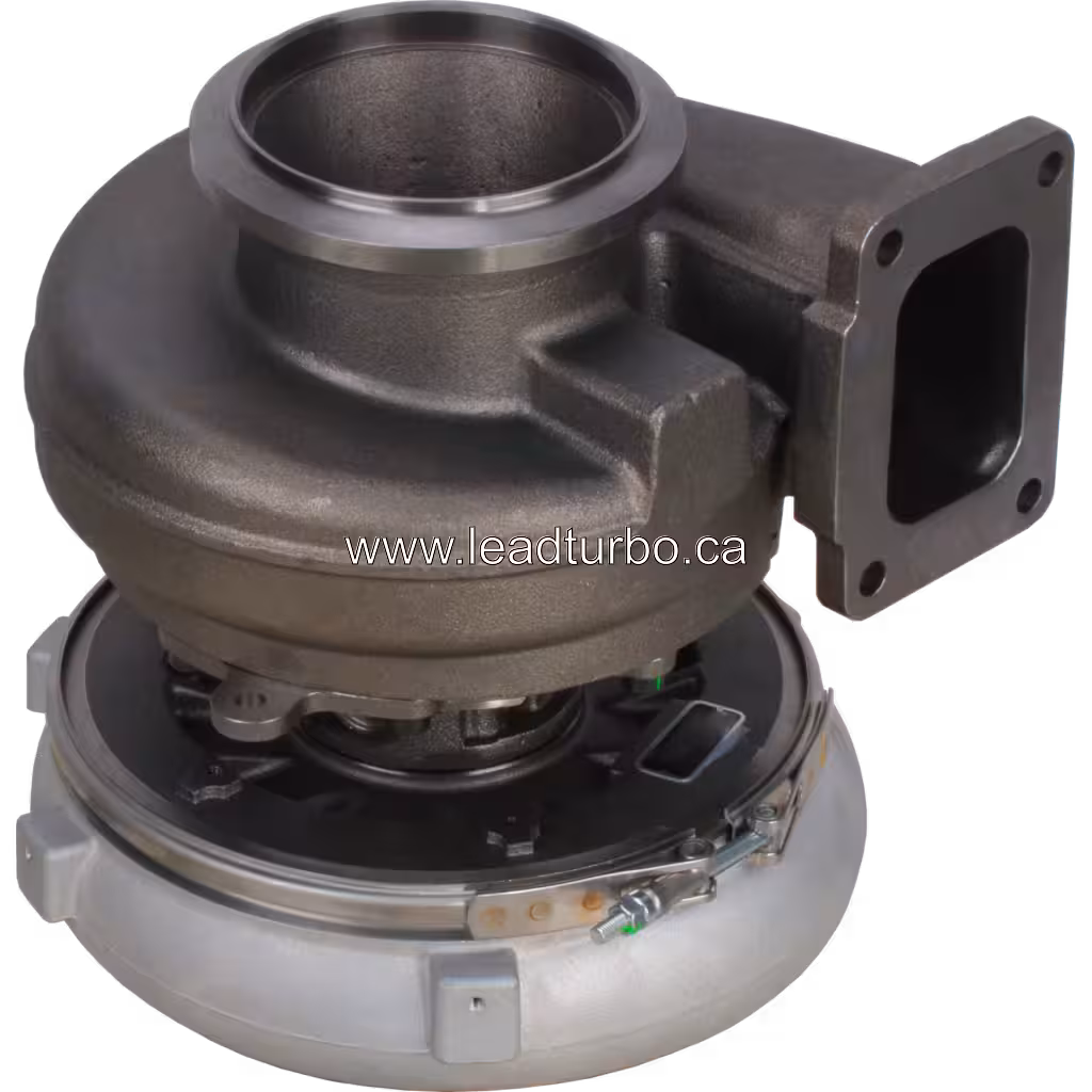 758160-5007 turbocharger bottom view with external actuator arm and green paint markers