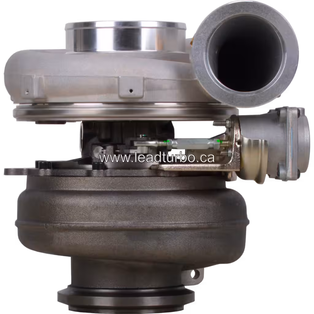 758160-5007 GTA4502V turbocharger front view with dark grey lower housing and silver upper housing