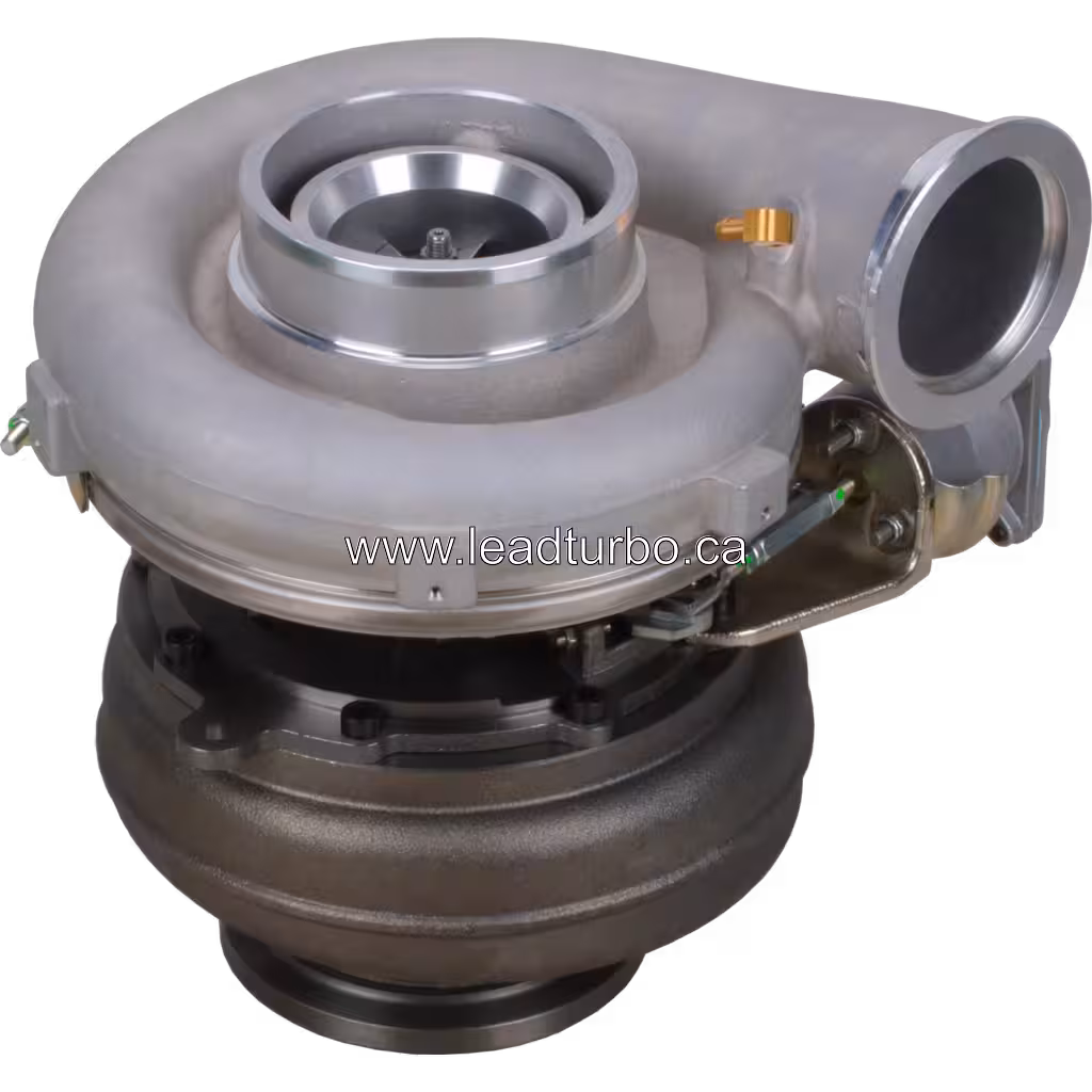 GTA4502V turbocharger top view showing machined compressor wheel and brass fitting