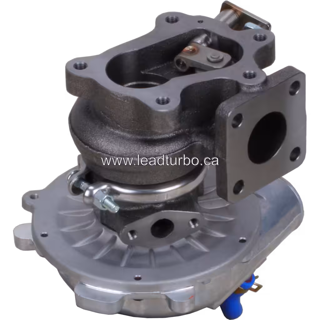 Bottom 45-degree view of cast iron turbine housing with square flange