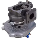 Bottom 45-degree view of cast iron turbine housing with square flange