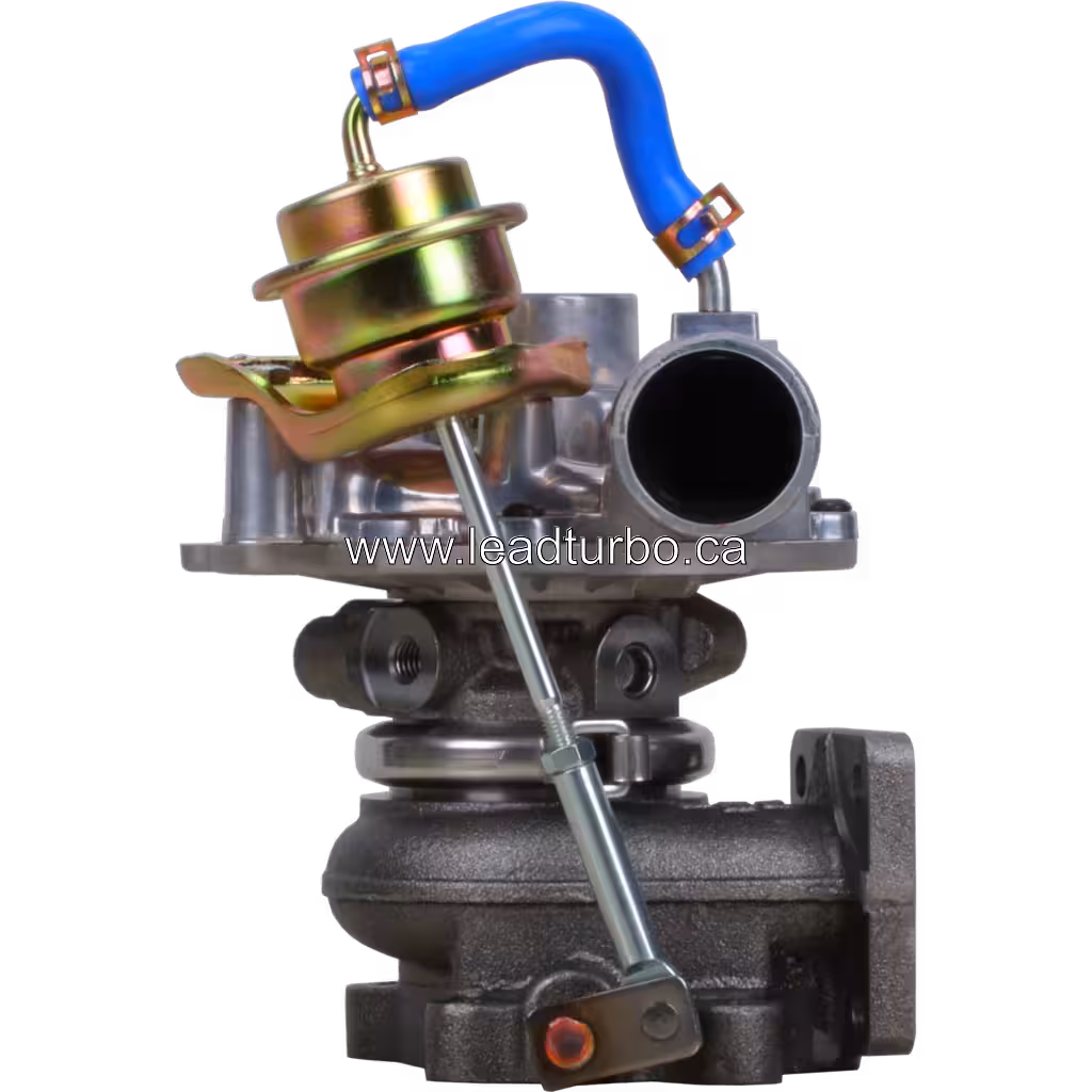 Front view of 8973311850 RHF4 turbocharger with gold actuator and blue hose