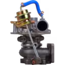 Front view of 8973311850 RHF4 turbocharger with gold actuator and blue hose