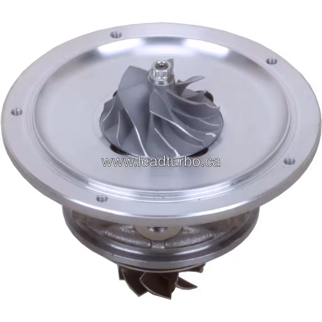 Top 45-degree view of RHF5 turbo core with silver compressor flange