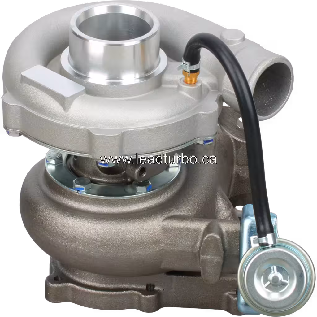 Vue supérieure du turbocompresseur Isuzu 6HE1-TC avec actionneur et colliers bleus
