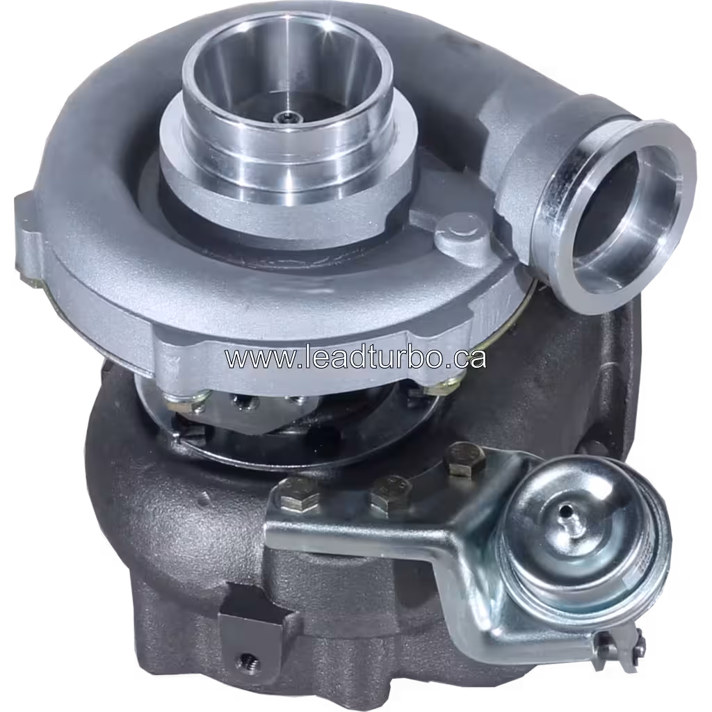 Vue du dessus du turbocompresseur 390 096 6399 avec flange de sortie V-band et carter de compresseur argenté