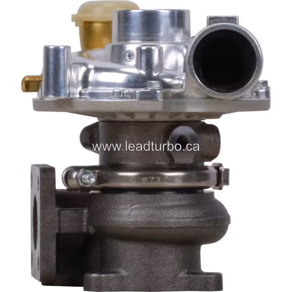 Vue de face du turbocompresseur VICL-R RHF5 avec actionneur doré et boîtier compresseur argenté