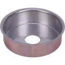 Bottom view of circular metal turbo heat shield with copper exterior band