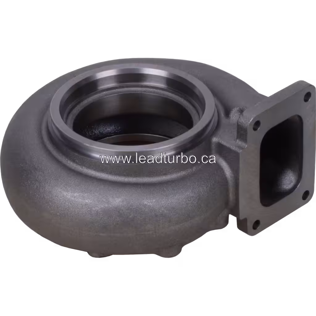 CAT 3512B turbine housing top view showing cast exterior texture and machined ring