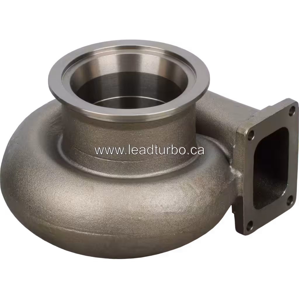 HC5A turbine housing front view showing machined circular inlet flange and spiral volute design