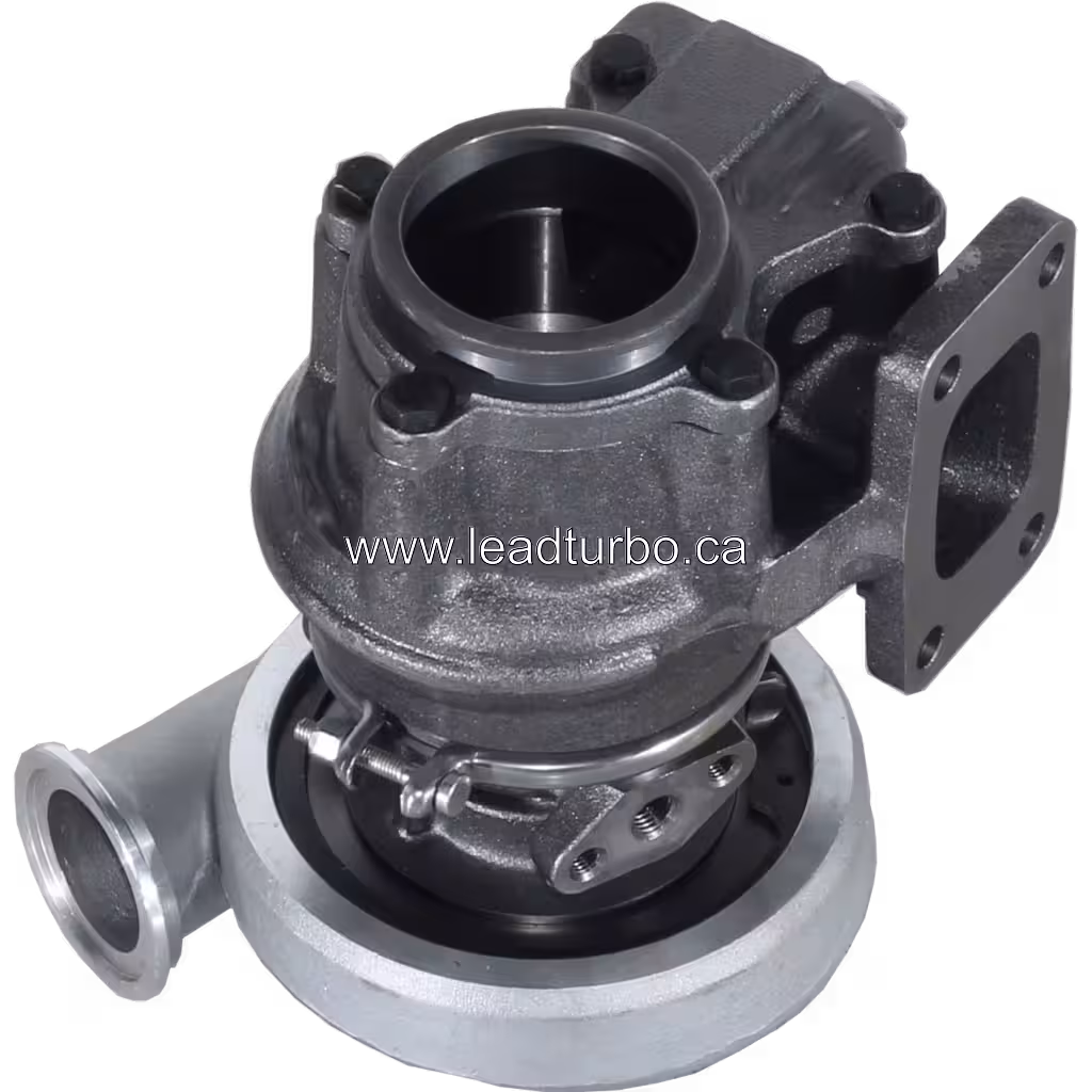 3592316 turbocharger bottom view with four-hole square flange on turbine inlet