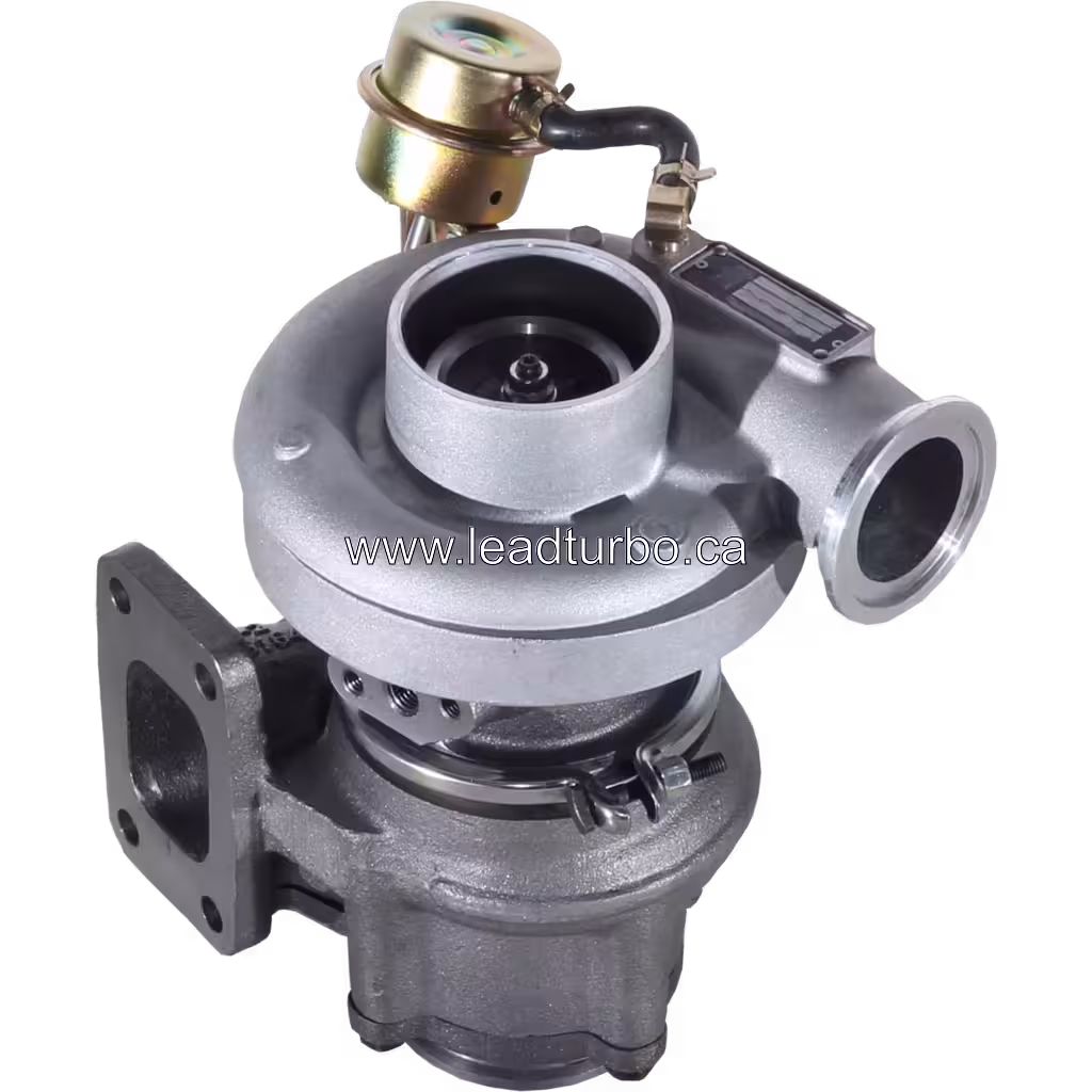 Cummins 4BT turbocharger 3592316 top view showing gold actuator and black pneumatic hose