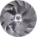 Top view of J96 turbocharger rotor assembly with shaft and bearing rings