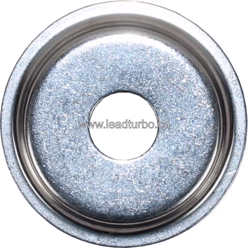 Silver circular metal heat shield with central mounting hole