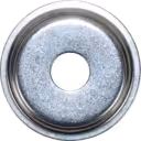 Silver circular metal heat shield with central mounting hole