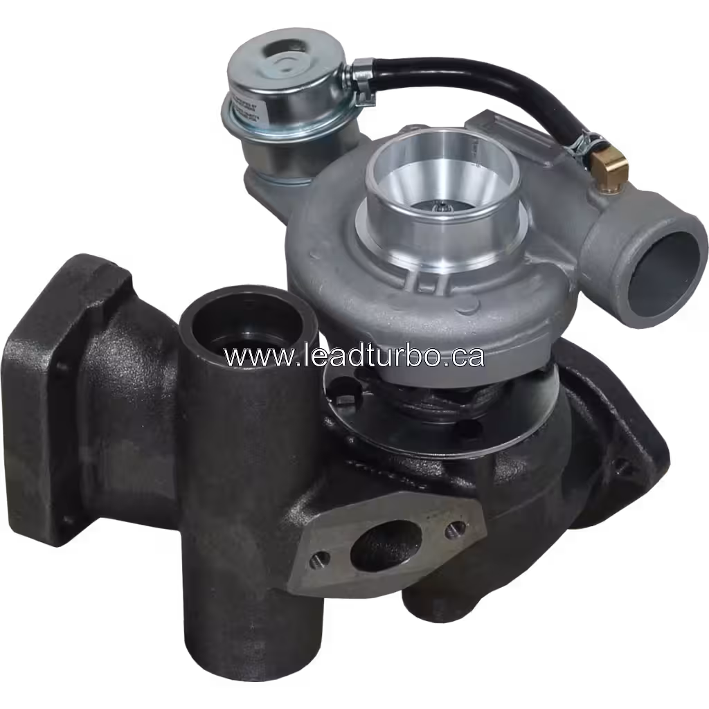 T250-04 turbocharger top view showing machined aluminum compressor housing and V-band flange