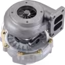 452159-0001 turbocharger bottom view showing turbine wheel and exhaust flange
