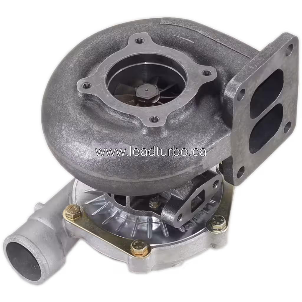 Bottom view of TB4142 turbocharger showing mounting bracket and turbine housing