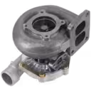 Bottom view of TB4142 turbocharger showing mounting bracket and turbine housing