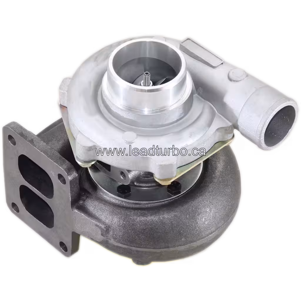 Top view of 466573-5001 turbocharger for Nissan NE6T showing exhaust flange and compressor housing