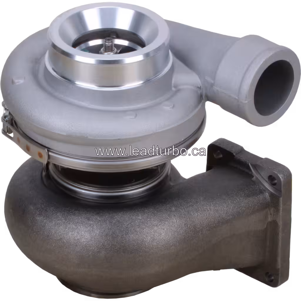 Top 45-degree view of S400 turbocharger assembly with compressor outlet