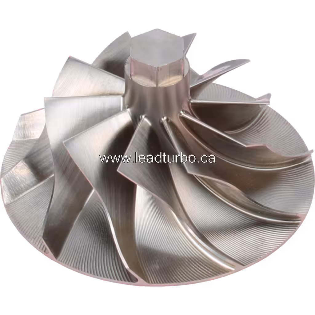 Top view of 735666-0020 compressor wheel showing hexagonal drive shaft
