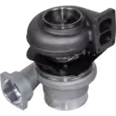 Bottom view of 8N6554 turbocharger showing exhaust inlet flange and mounting bracket