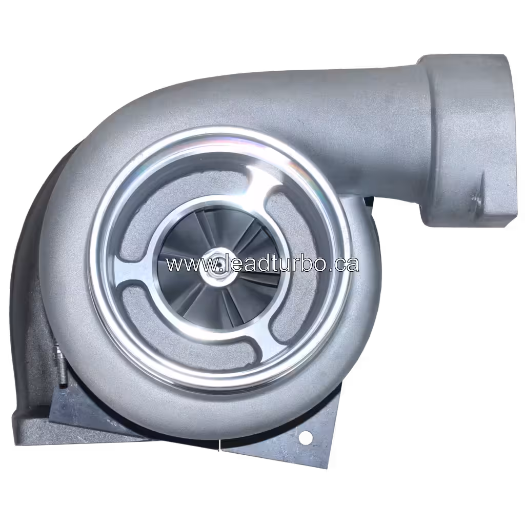 Front view of 8N6554 TL8106 turbocharger showing compressor inlet and turbine wheel